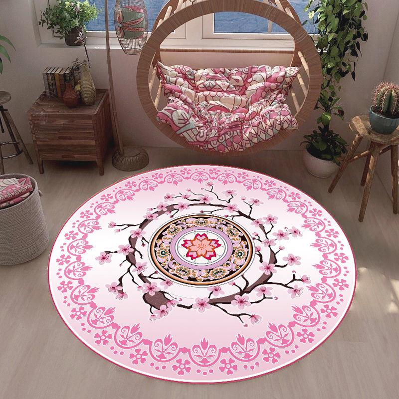 Mandala Print Round Carpet Colorful Flowers Design Non-Slip Rug Boho Ethnic Style Home Decoration Mat for Living Room Bedroom