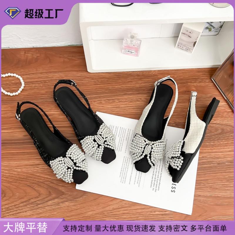 Spring New Thick Heel Single Shoes Women's Fashion Pearl Bag Head Mary Jane Shoes Women's Small Fragrant Style Back Empty Color Matching Shoes