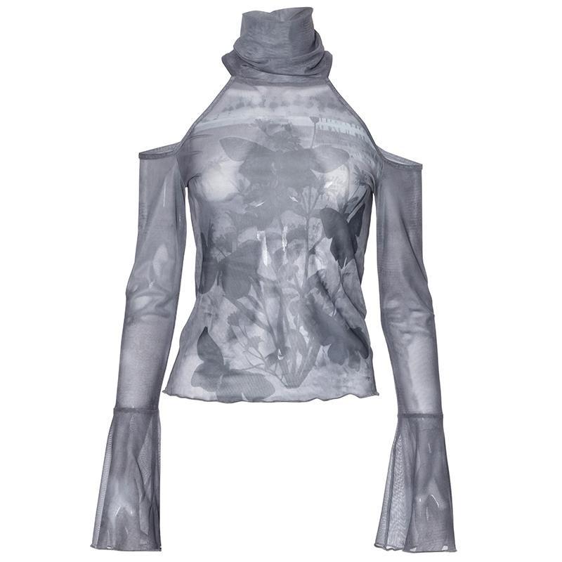 2KWEIRD Y2K Sexy Dantelă Plasă Transparent Tricouri Goth Imprimeu Grafic Mânecă Lungă Tricot Patchwork Topuri Vintage Femei Streetwear de Vară