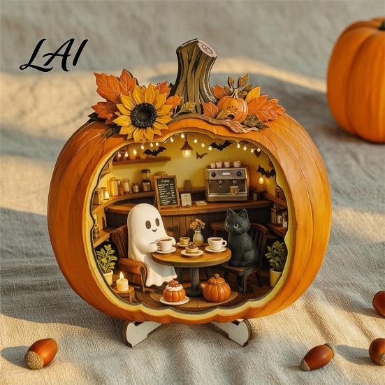 Halloween Pumpkin Decor Ghost Tabletop Sign Wooden House with Mini Unique Fall Party Table Centerpieces Scene Harvest Desktop Ornament for