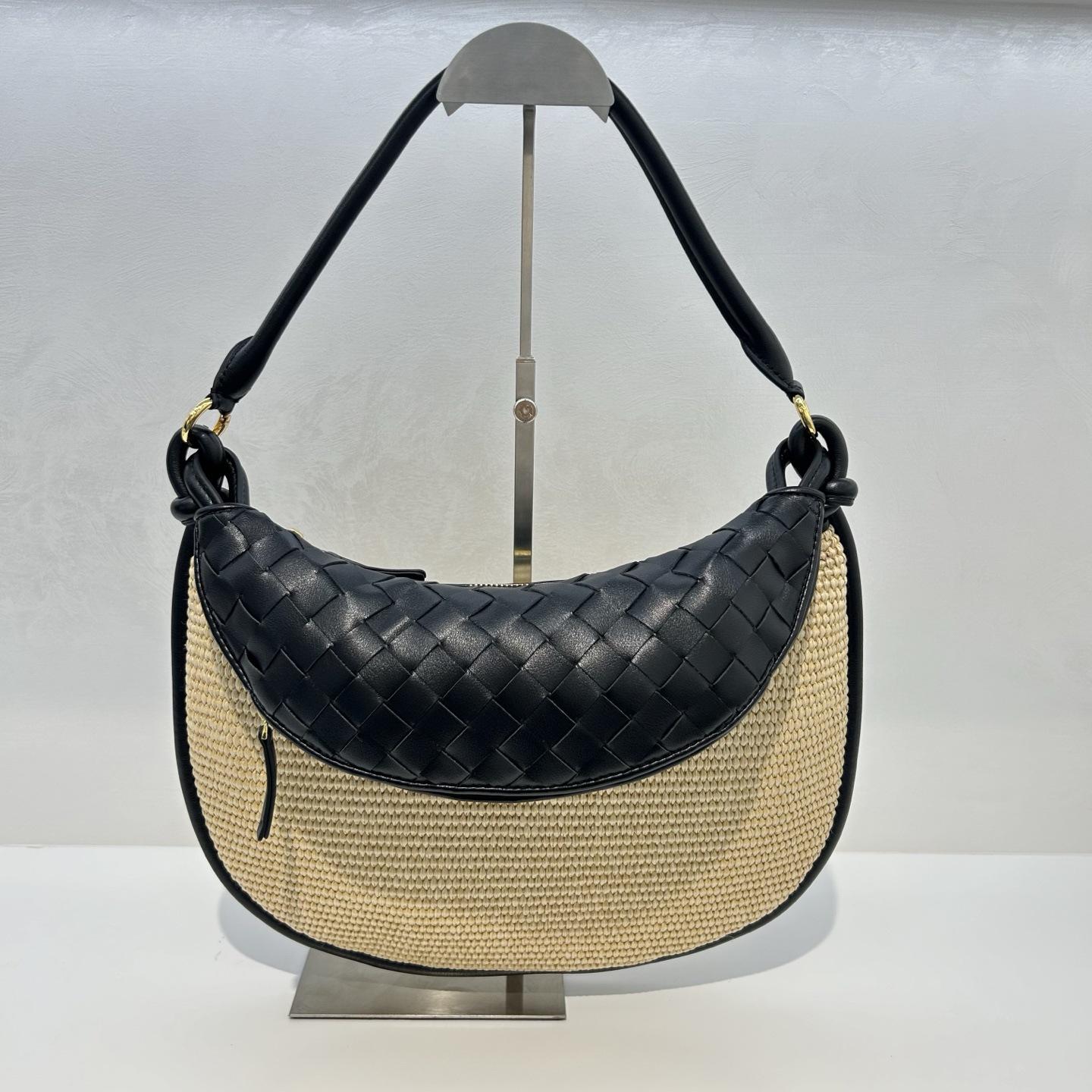 

New Lafite Grass Woven Bag Twin Cowhide Splicing Leather Women s Commuting Fashionable Versatile Shoulder 35x22x2 чёрный