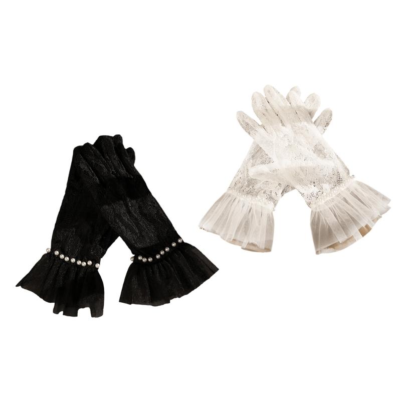 Fashion Lace Gloves For Bride Formal Occasion Wedding Party Dressingup Accessories Handwear with Artificial Pearls Cuff