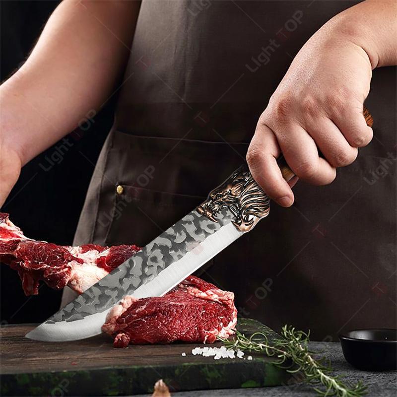 Kitchen Knife with Roll Bag Stainless Steel Butcher Slicing Knife Cooking BBQ Chef Knife Professional Forged Boning Knife