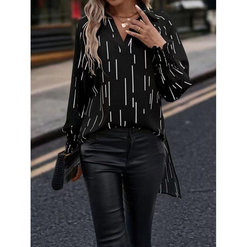 

Spring and Autumn Amazon V Neck Striped Long-Sleeved Shirt Pullover Green S