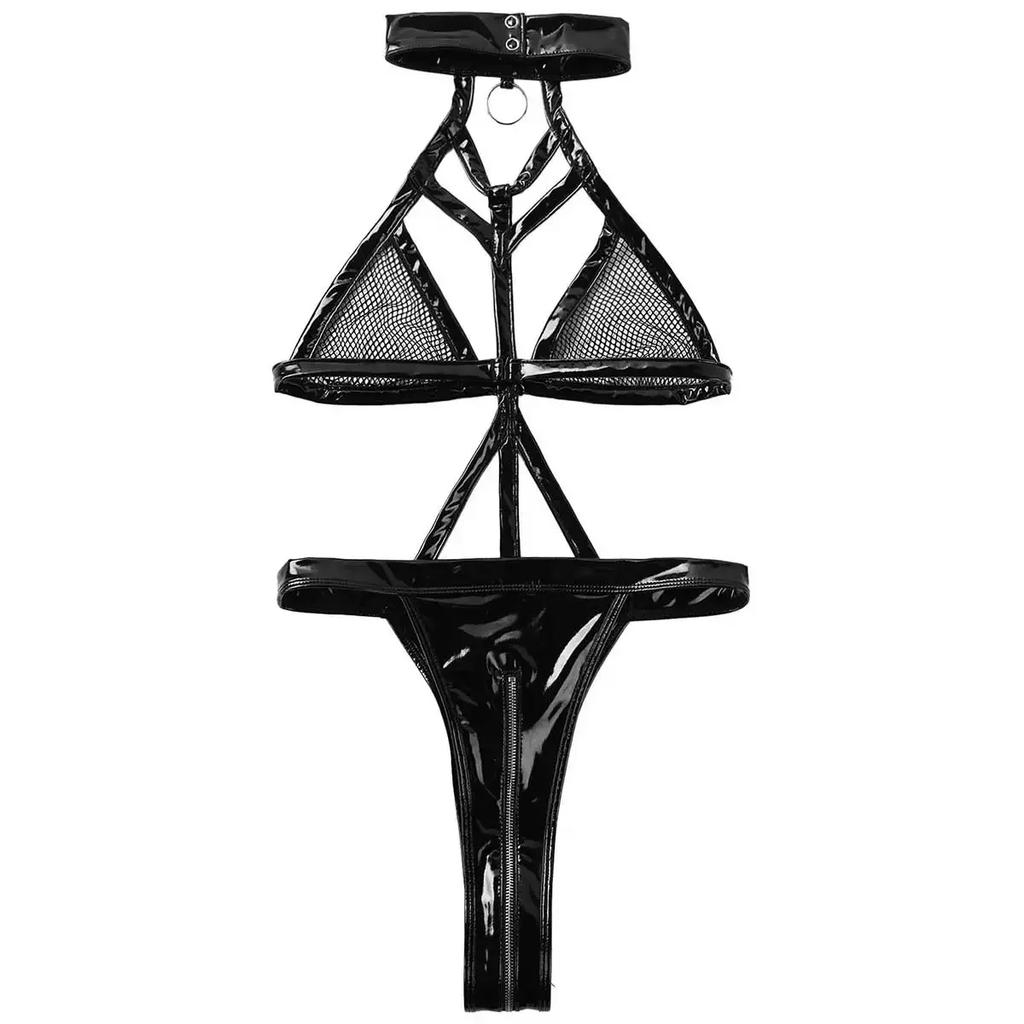 Porn Balck Bandage PU Latex Leather Mesh Zipper Crotch Bodysuit Women Sexy Lingerie Teddies Catsuit Costumes 2XL Plus Size