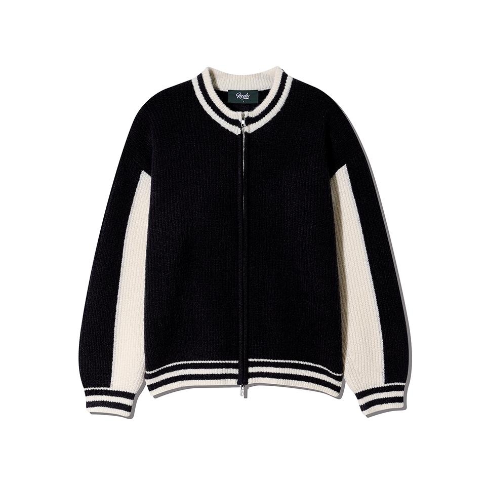 NODU Varsity Color Block Two-Way Round Zip-Up Knit Jacket [Black]