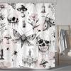 Gothic Skull Shower Curtain Bathroom Set Halloween Death Head Moth Pink Flower Leaves Spider Scary Witchy Bath Accessories