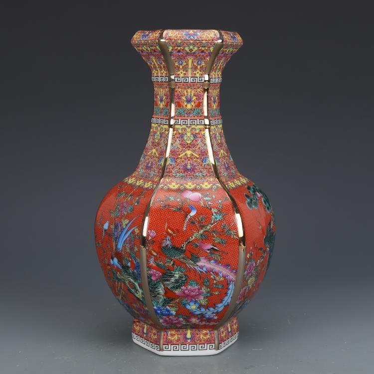 Qianlong Enamel Orange Flower And Bird Hexagonal Vase Antique Jingdezhen Porcelain Home Chinese Decoration