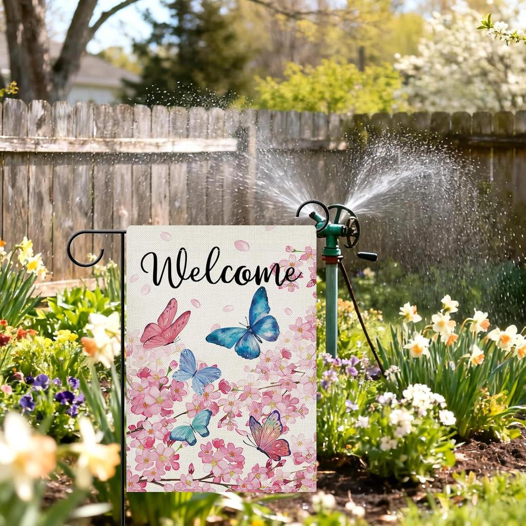 Dyrenson Welcome Spring Butterfly Floral Decorative Garden Flag, Pink Cherry Blossom Flower Yard Outside Home Decoration, Su