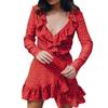 Elegant 128 Digital Print Irregular Ruffle Hem Polka Dot Deep V Chiffon Dress For Stylish Adults