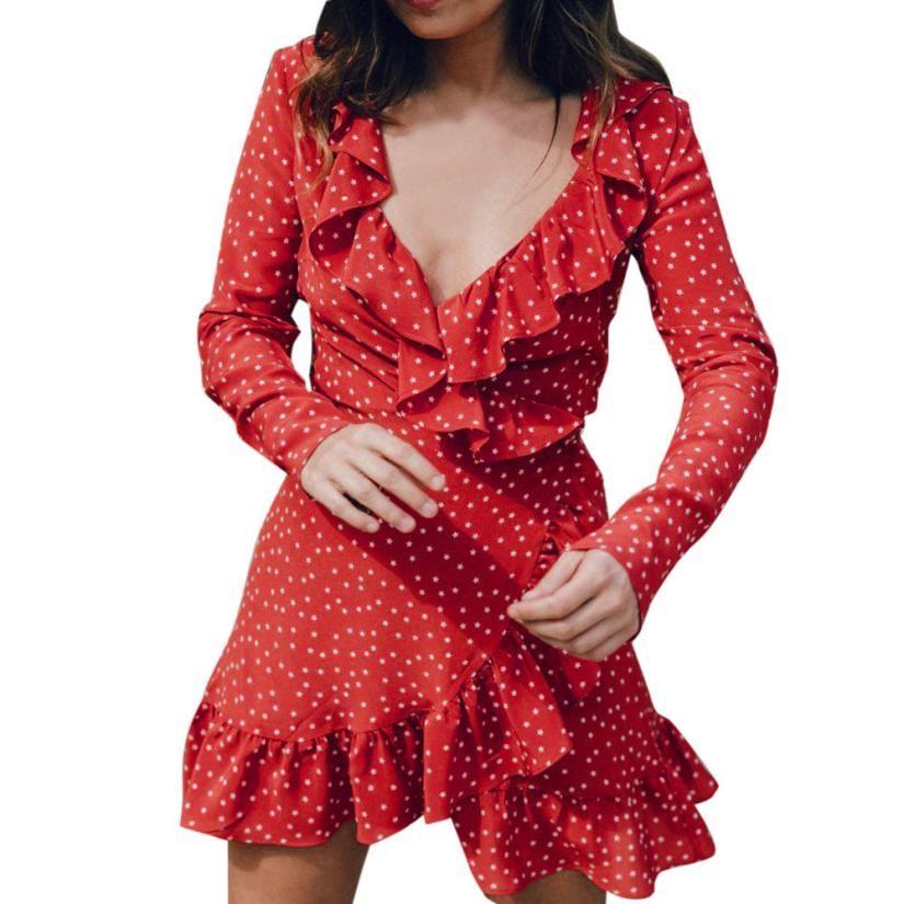 Elegant 128 Digital Print Irregular Ruffle Hem Polka Dot Deep V Chiffon Dress For Stylish Adults
