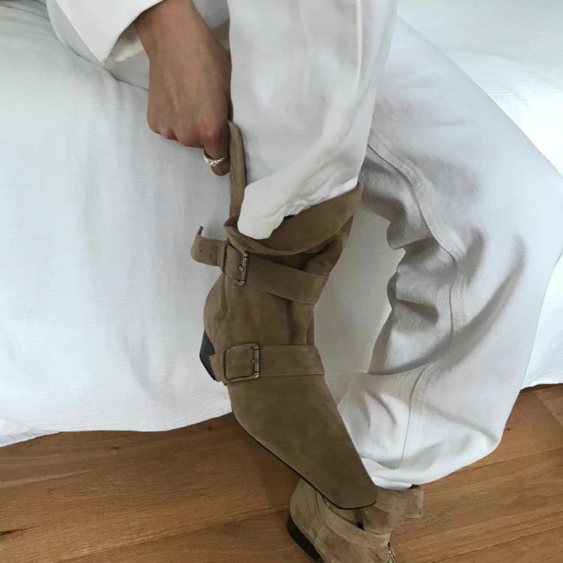 Cowhide version~ Fashion women's boots niche street shooting catwalk square head western cowboy boots women's thick heel leather short boots