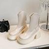 French Skinny Boots Women's Thick Heel Thick Sole Small Man Tall Rear Zipper Martin Boots V-mouth White Medium Short Boots