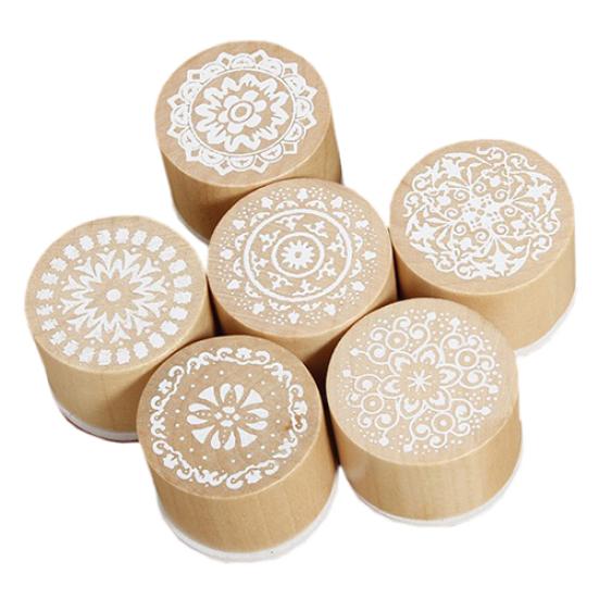 6 шт. ретро винтажный цветочный узор круглый деревянный штамп для скрапбукинга