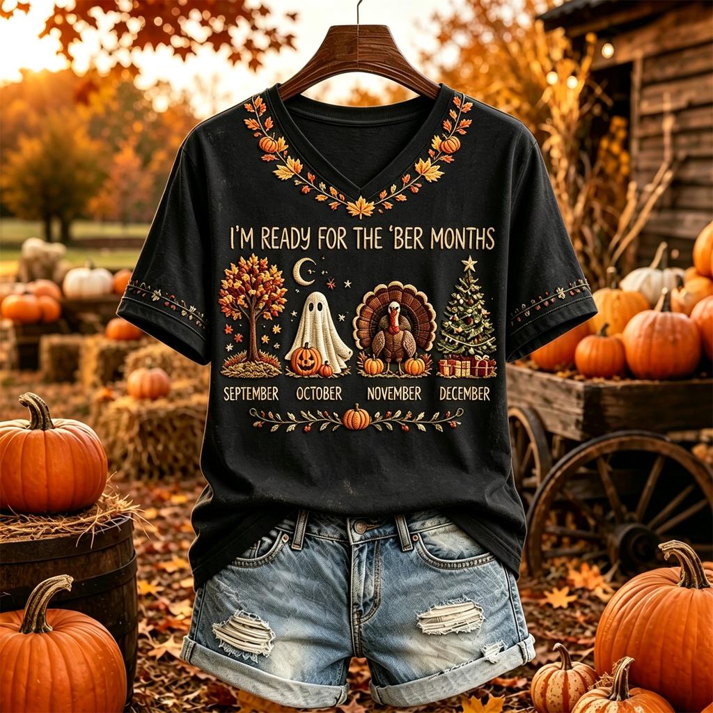 Women's Casual V-Neck Short Sleeve Pullover Top with Thanksgiving Print