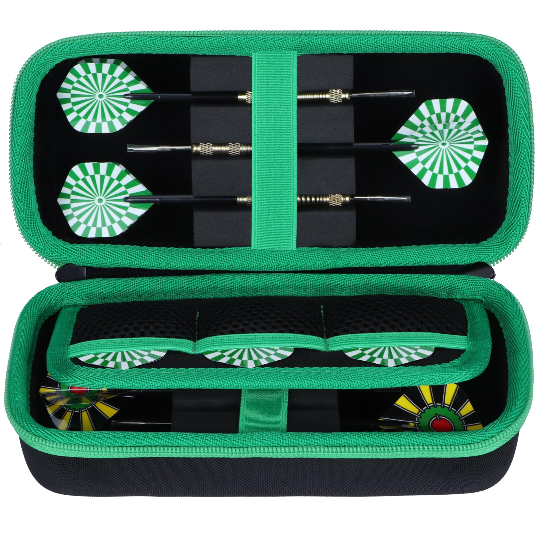

Lebakort compatible steel tip and soft tip darts carrying storage holder fits dart tips, shafts, and flights dart case for 6 darts (black green case)