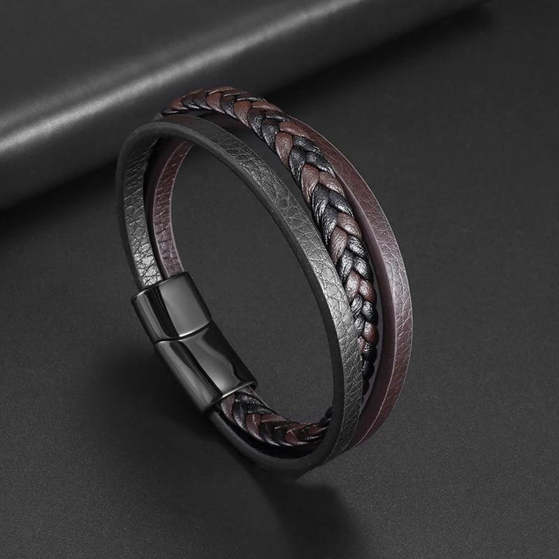 Double Layer Punk Brown Braided Leather Bracelet for Men with Metal Magnetic Clasp Stylish Business Bracelet Jewelry Gift
