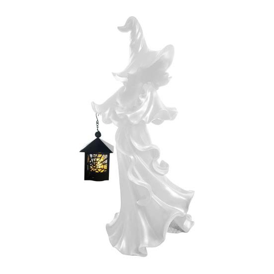 LED Witch Lantern Ornament Halloween Faceless Ghost Sculpture Holding Lantern Vintage Resin Witch Statue for Yard Patio Lawn Decor