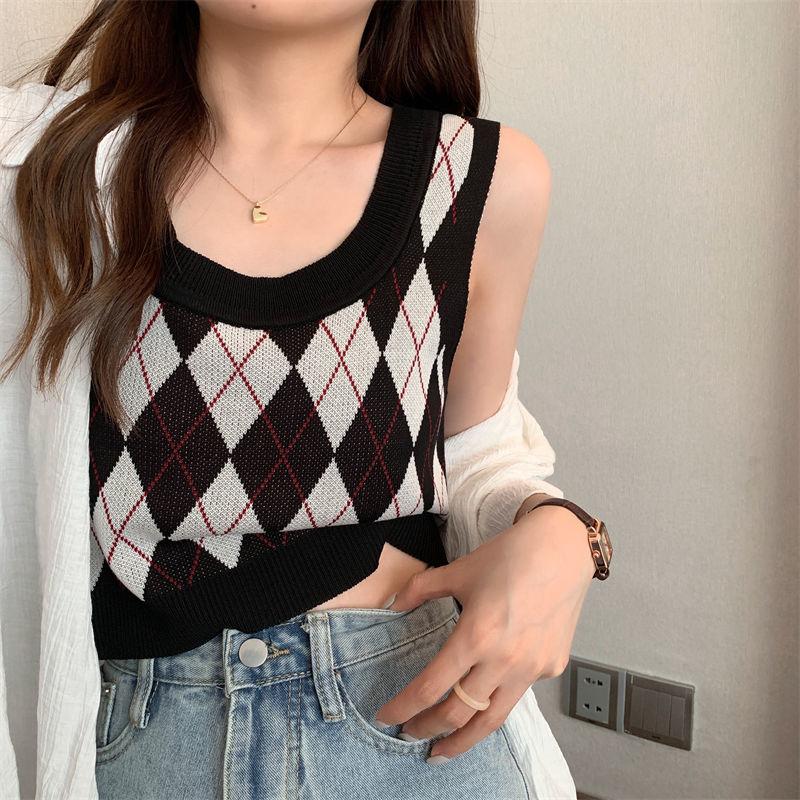 Summer Knitted Argyle Versatile Short Camisole Tank Women's Slim Outerwear Inner Top