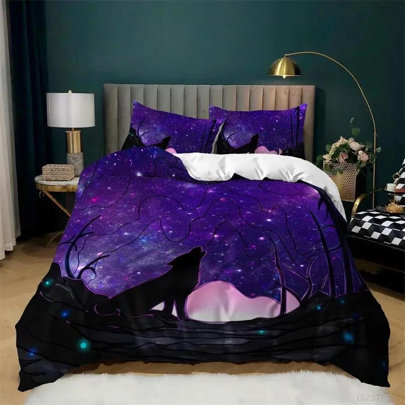 Wildtier Wolf Bettbezug Waldtier Vollständiger Bettdeckenbezug für Jungen MädchenAurora Bettwäsche-Set Stern Galaxie Himmel Tagesdecke Bezug