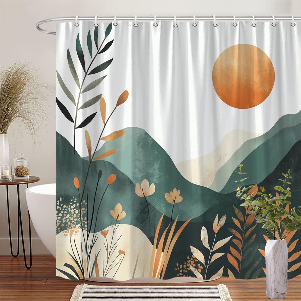 

Minimalist Nature Shower Curtain - Tranquil Landscape With Sun, Green & Beige Foliage, Polyester, Machine Washable W60H190(CM)-1 Pcs