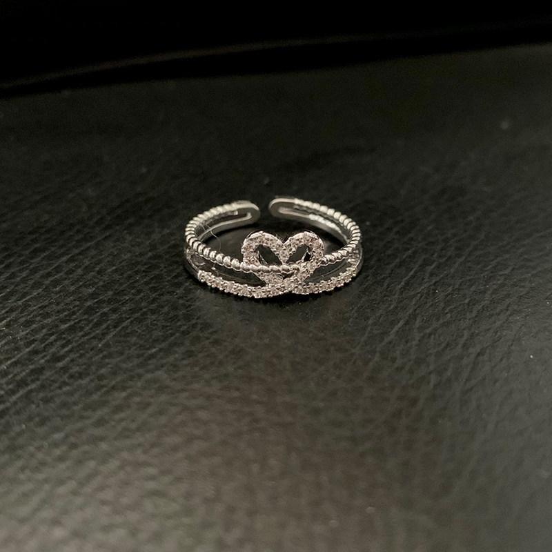 Japanese Elegant Hollow Heart Rhinestone Double Layer Adjustable Ring