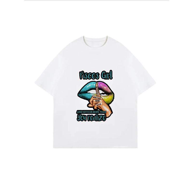 White T Shirt With Pisces Girl Rainbow Lips And Text Design For Casual Wear