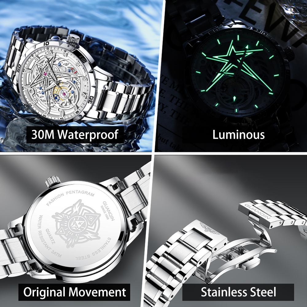 GUANQIN Men's Watches Trend Fashion Hollow Out Mechanical Style Original Stainless Steel Quartz Wristwatch Waterproof Luminous