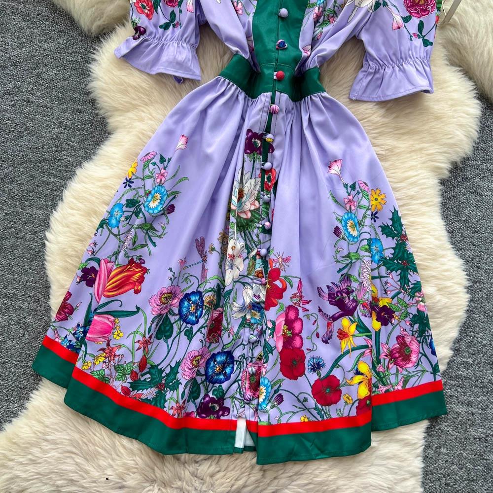 Summer Women Vintage Print Runway Dresses V-neck Single Breasted Mini Short Party Dress