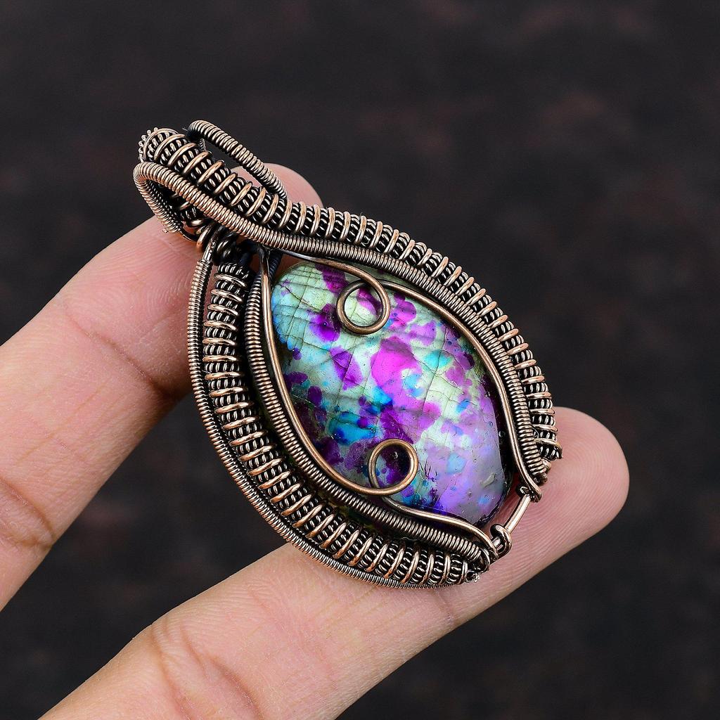 Multi Fire Labradorite Pendant Gemstone Pendant Copper Wire Wrapped Pendant Handmade Pendant Unique Copper Jewelry Designer Pendant For Gift