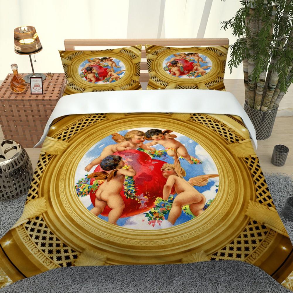 3D Angel Bedding Set Golden Luxury Bedclothes European Pattern Duvet Cover Retro Chain Comforter Cover 3 Piece For Girls Boys