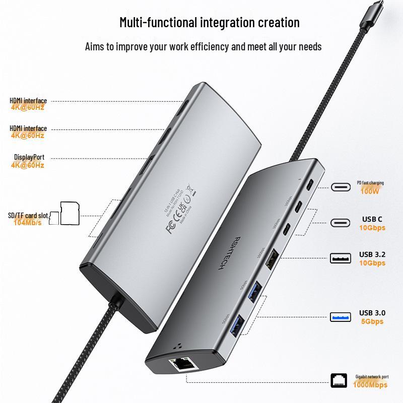 12-in-1 Type-C Docking Station with Dual HDMI, DP, 3.0 Hub & RJ45 Ethernet for Triple Display