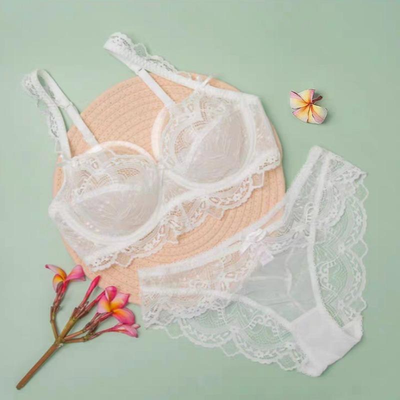 European and American Thin Sponge-free Transparent Large Chest Small Lace Bra Women's Sexy Underwear Bra Set
