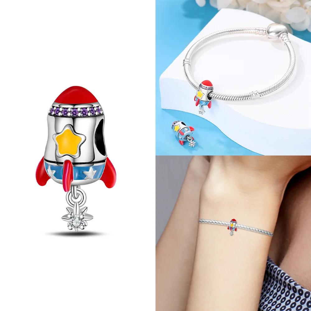 Copper Star Blue Glowing Heart Rocket Astronaut Beads Pendant Charm For Original Bracelet Woman Girl Jewelry