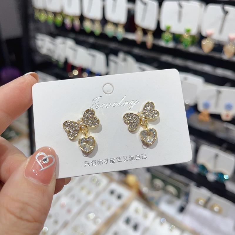 Romantic Rhinestones Heart Dangle Earrings for Women Sweet Crystal Bow Knot Drop Earrings Wedding Party Cute Elegant Jewelry