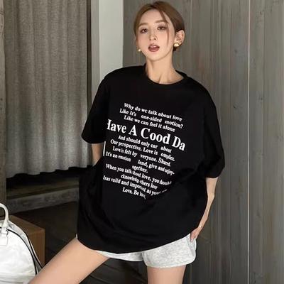 Harajuku Buchstaben bedruckte Kurzarm T-Shirts für Damen Sommer reine Baumwolle Lässig übergroßes T-Shirt Damen schwarz weiß Y2k Oberteile