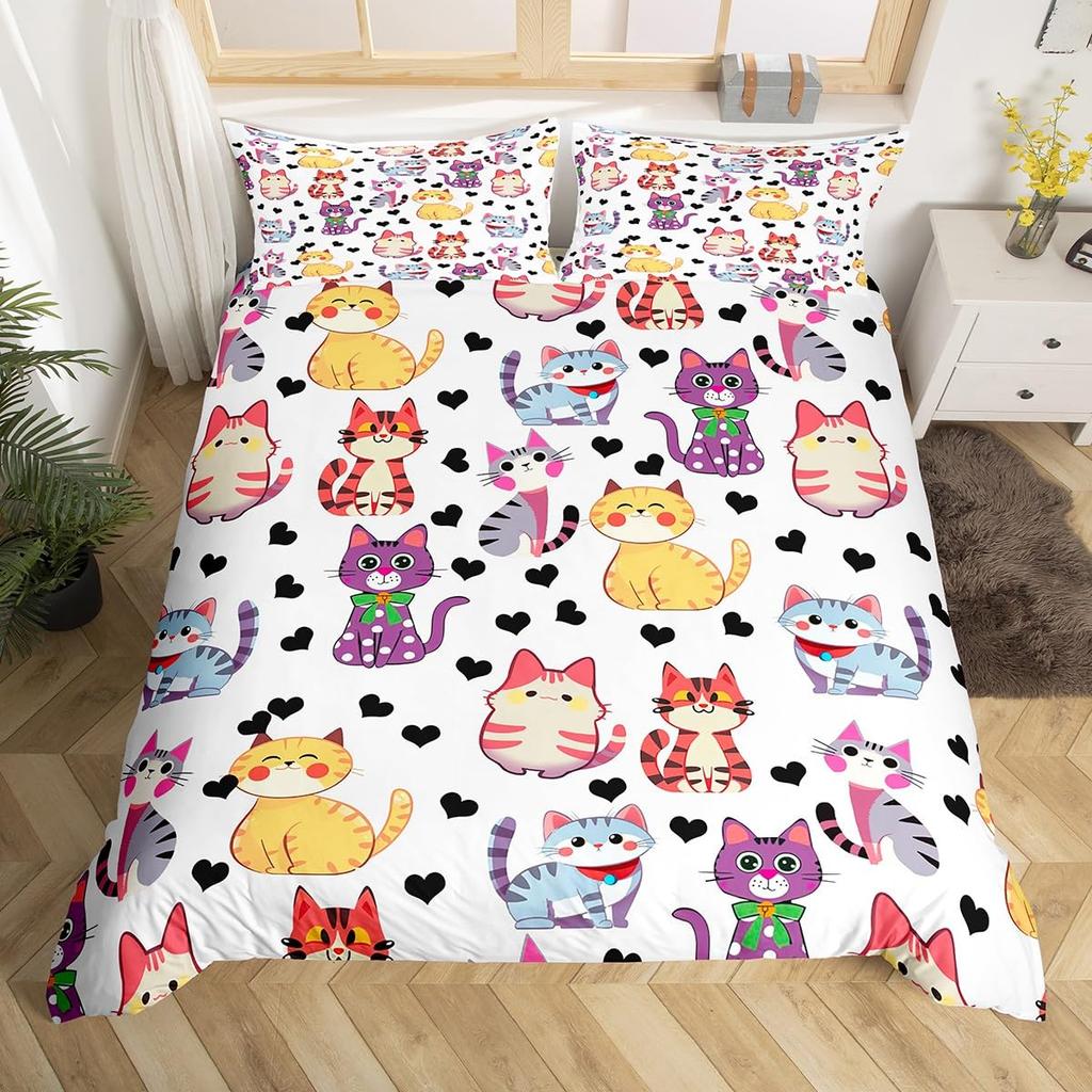 Kawaii Cat Duvet Cover Pink Bowknot Kitten Bedding Set Sweet Pet Animal Comforter Cover Princess Bow Girly Polyester Quilt Cover