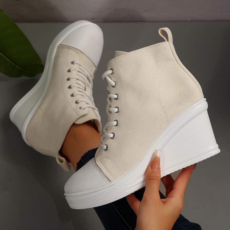 

Мода 2025 Новые Классические Высокие Кеды из Канваса для Женщин Контрастный Цвет На Шнуровке Платформа Кроссовки Женские Нескользящие Повседневные Вулканизированные Туфли 35 бежевый
