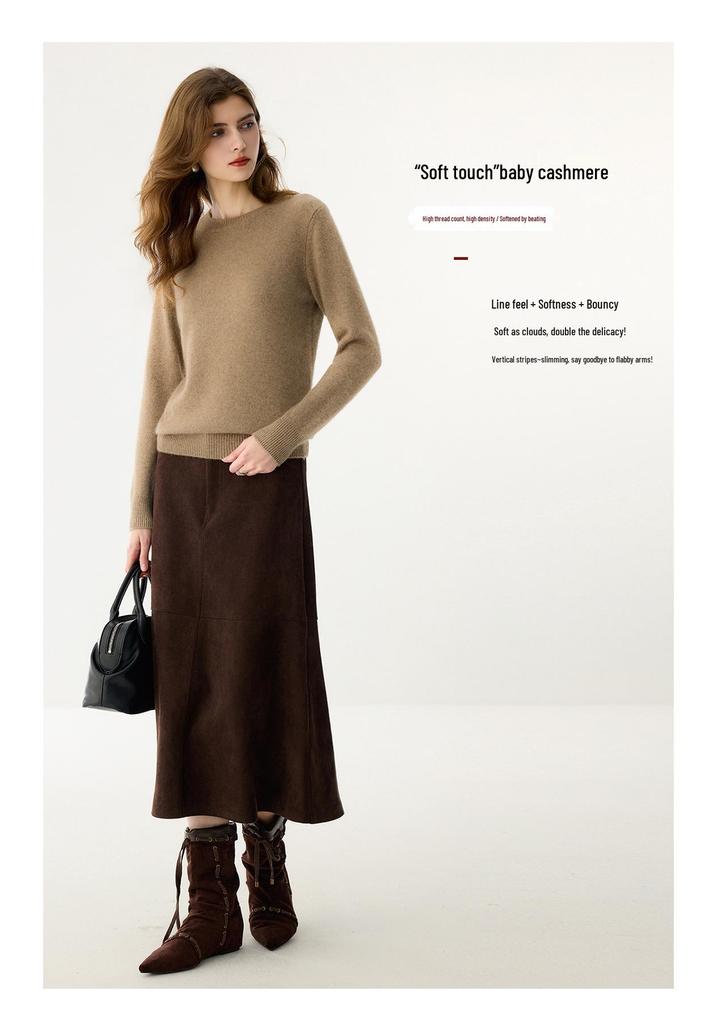 Women's Round Neck Cashmere Sweater - Solid Color, Thick Base Layer, Long Sleeves for Autumn/Winter
