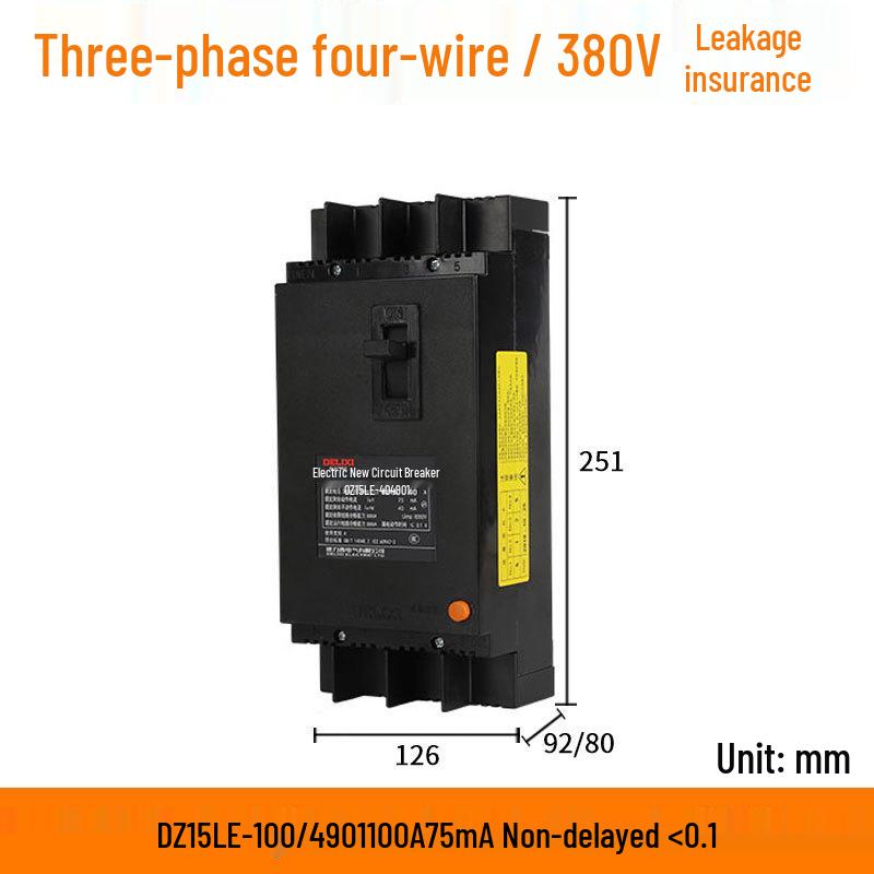 Residual Current Circuit Breaker DZ15LE-100/4901 63A 100A 75mA 30mA 50mA Leakage Protector 4P