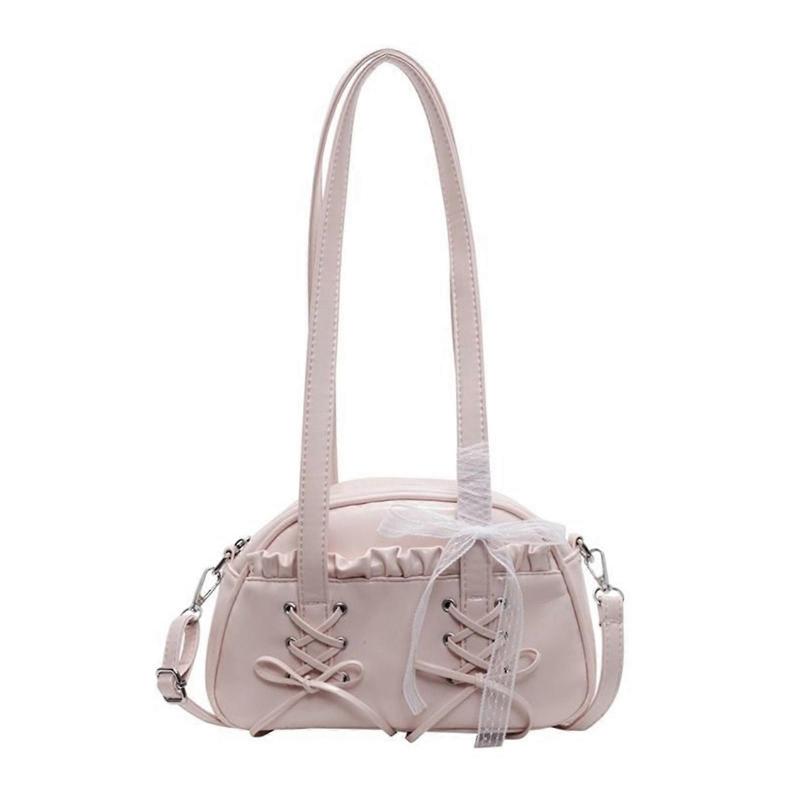 Fashionable Lace Embellished Shoulder Bag Bowknot Design PU Leather Crossbody Bags Casual Underarm Purse For Women Pink