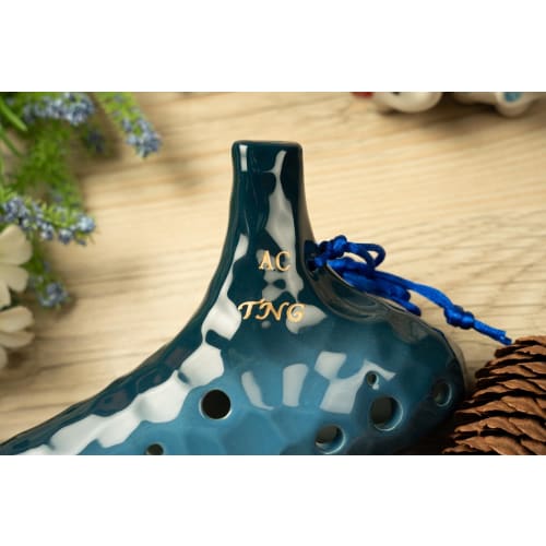 TNG Ocarina, Alto/C/AC, 12-Hole, Emerald, Premium Quality, Glazed Finish with Ocean Wave Pattern (Blue), Strap Included