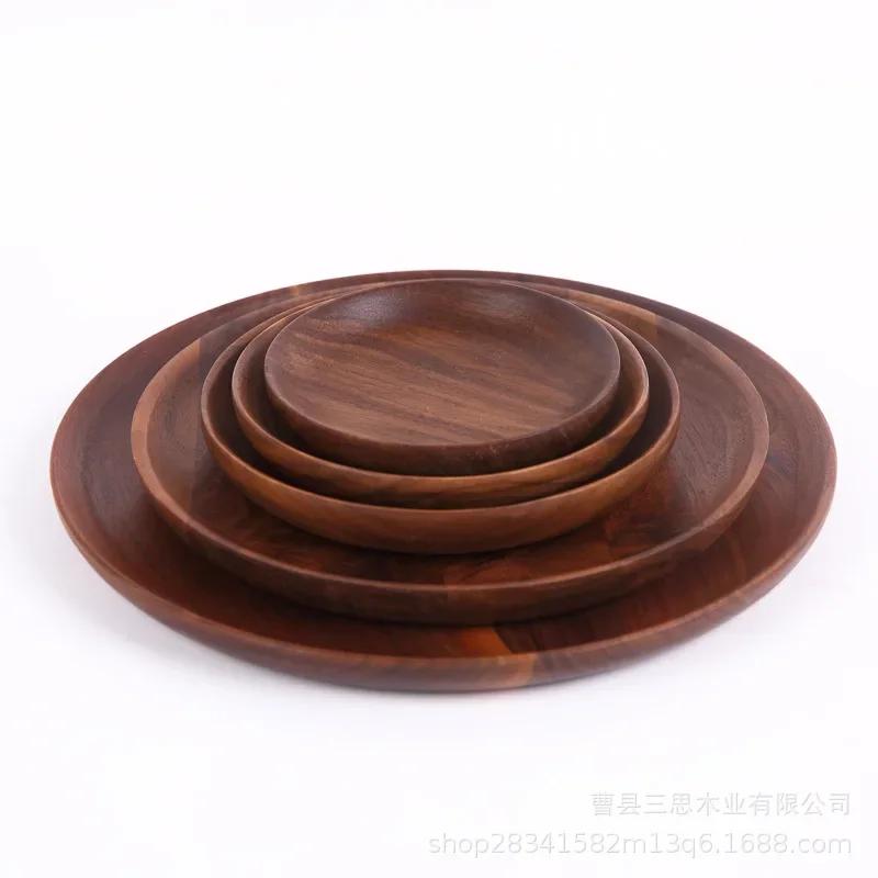 Walnut Plate Solid Wood Round Wooden Dessert Black Fruit Cake Steak Cheese Dishes Plates Trays Manual polishing