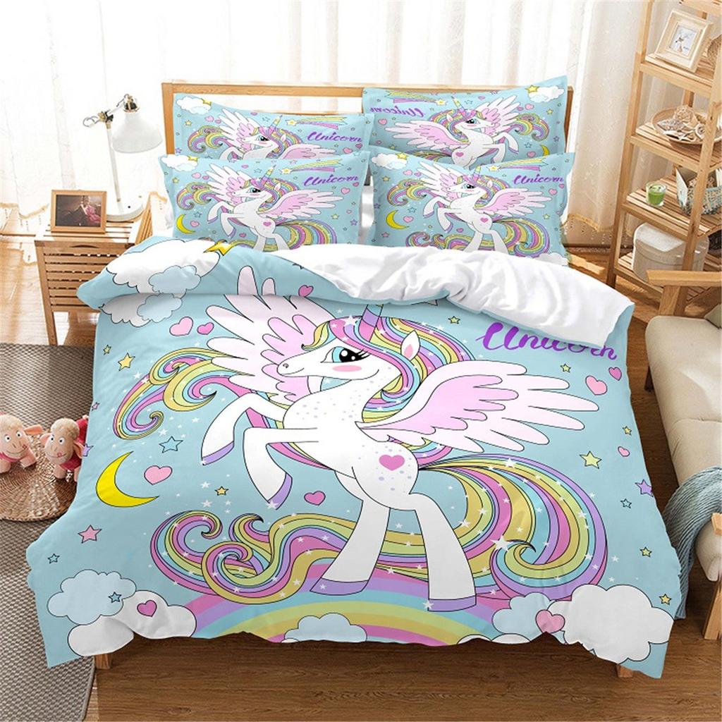 03 Rainbow Unicorn Bedding Set,Cartoon Unicorn Duvet Cover 3D Print,Children Boys Girls Quilt Cover Pillowcase King Queen Size