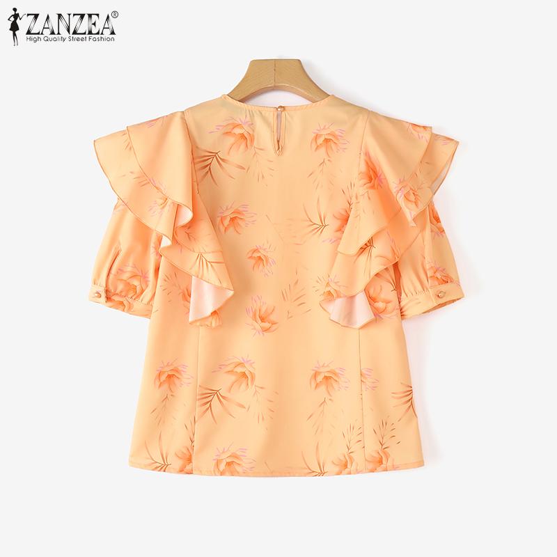 ZANZEA Women Casual Round Neck Ruffles Short Sleeve Loose Print Blouse