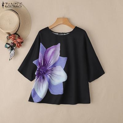 Women Casual Round Neck Loose Floral Short Sleeve Blouse
