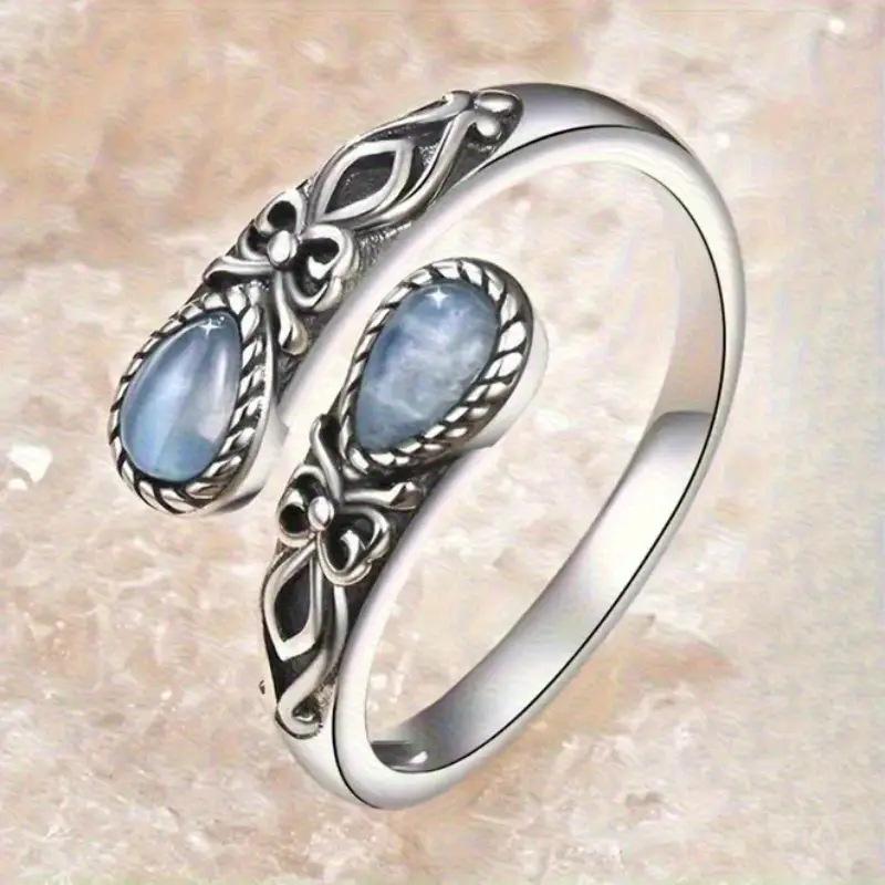 Vintage Thai silver European ring women's open water drop imitation moonstone popular national jewelry