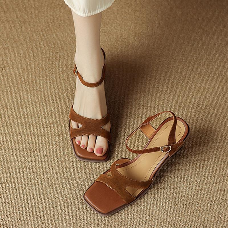 Fashion NEW Summer Women Sandals Genuine Leather Shoes for Women Square Toe Chunky Heel Shoes Casual Narrow Band Gladiator Brown Shoes