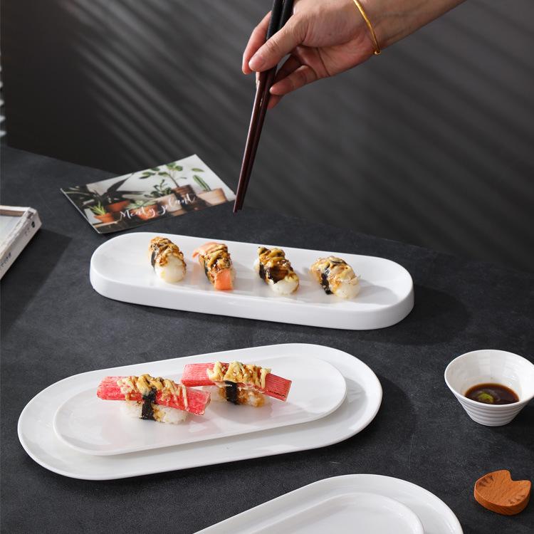 Japanese White Rectangular Ceramic Plate for Sushi or Desserts