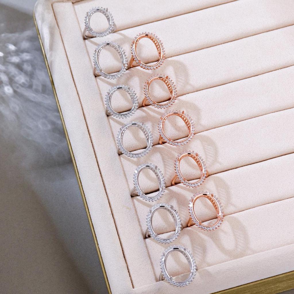 Lady Di Series Adjustable S925 Sterling Silver Rose Gold Plated Oval Ring, Egg-Shaped Empty Setting.